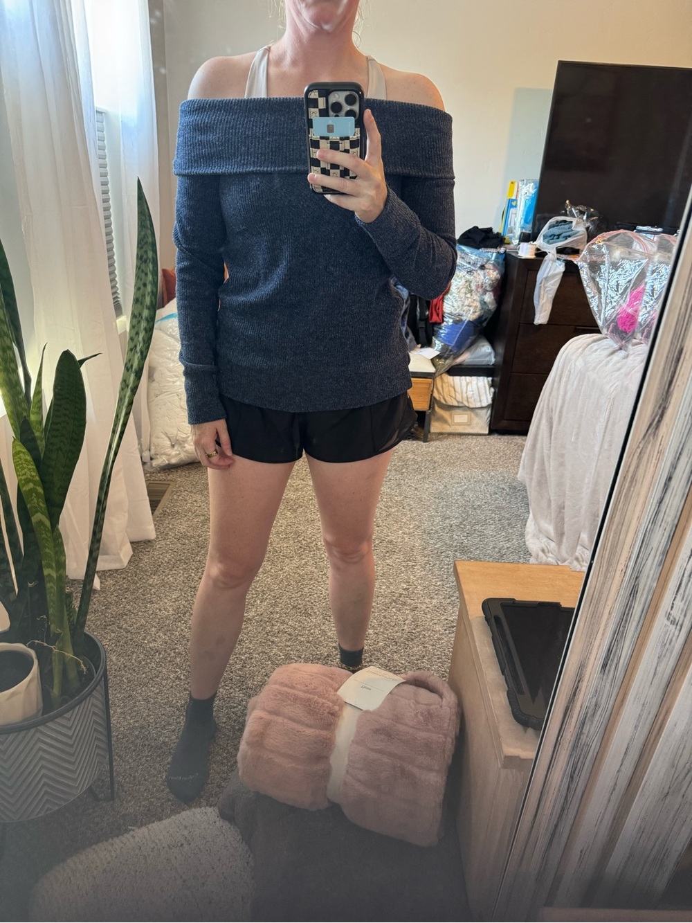 Off-Shoulder Knit Sweater - Charcoal Gray